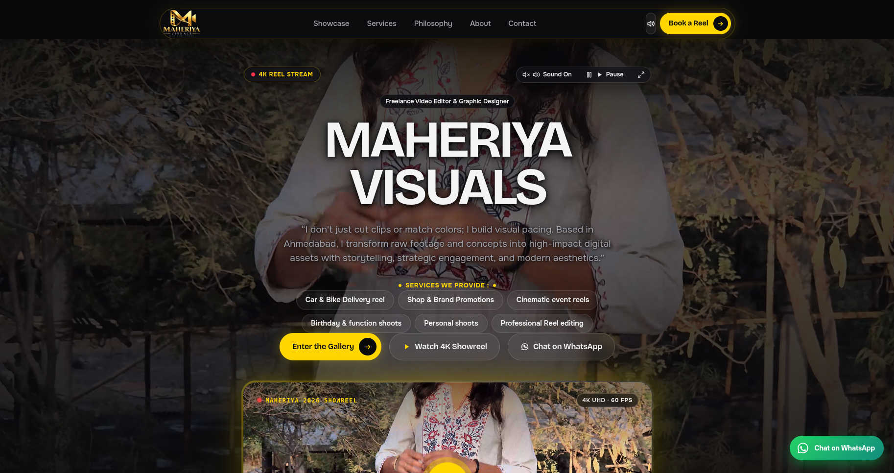 Maheriya Visuals: 4K Commercial Reel Showcase & Booking Portal interactive interface